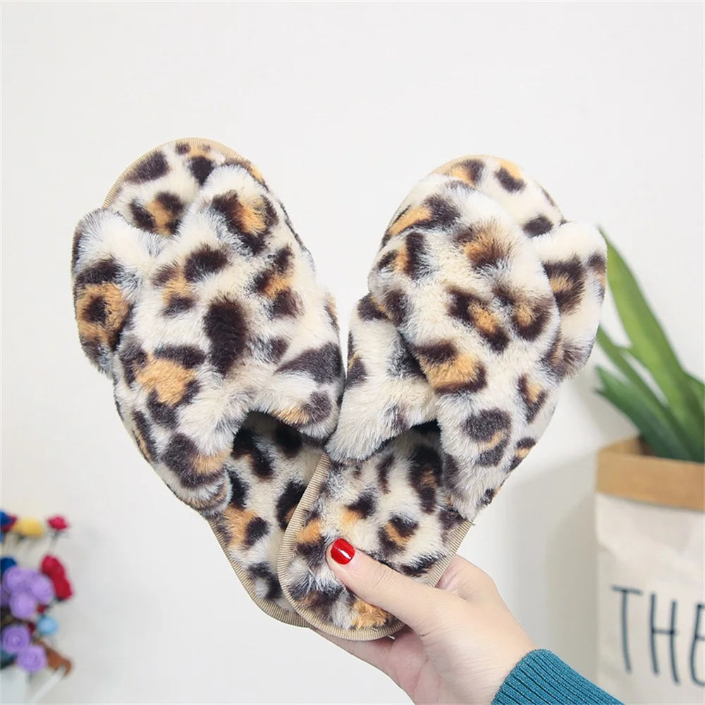 Leopard Open-Toe Faux-Fur House Slippers
