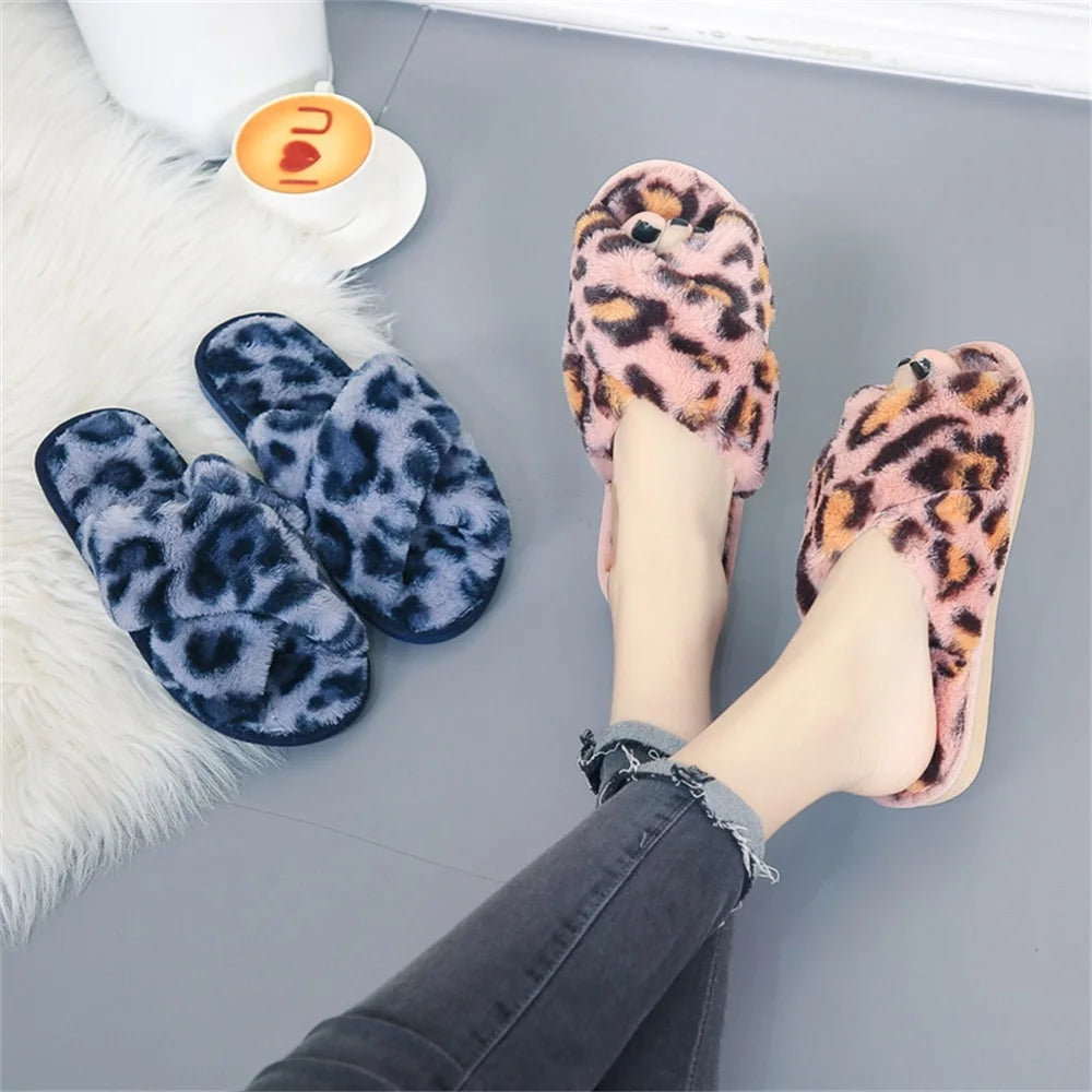 Leopard Open-Toe Faux-Fur House Slippers