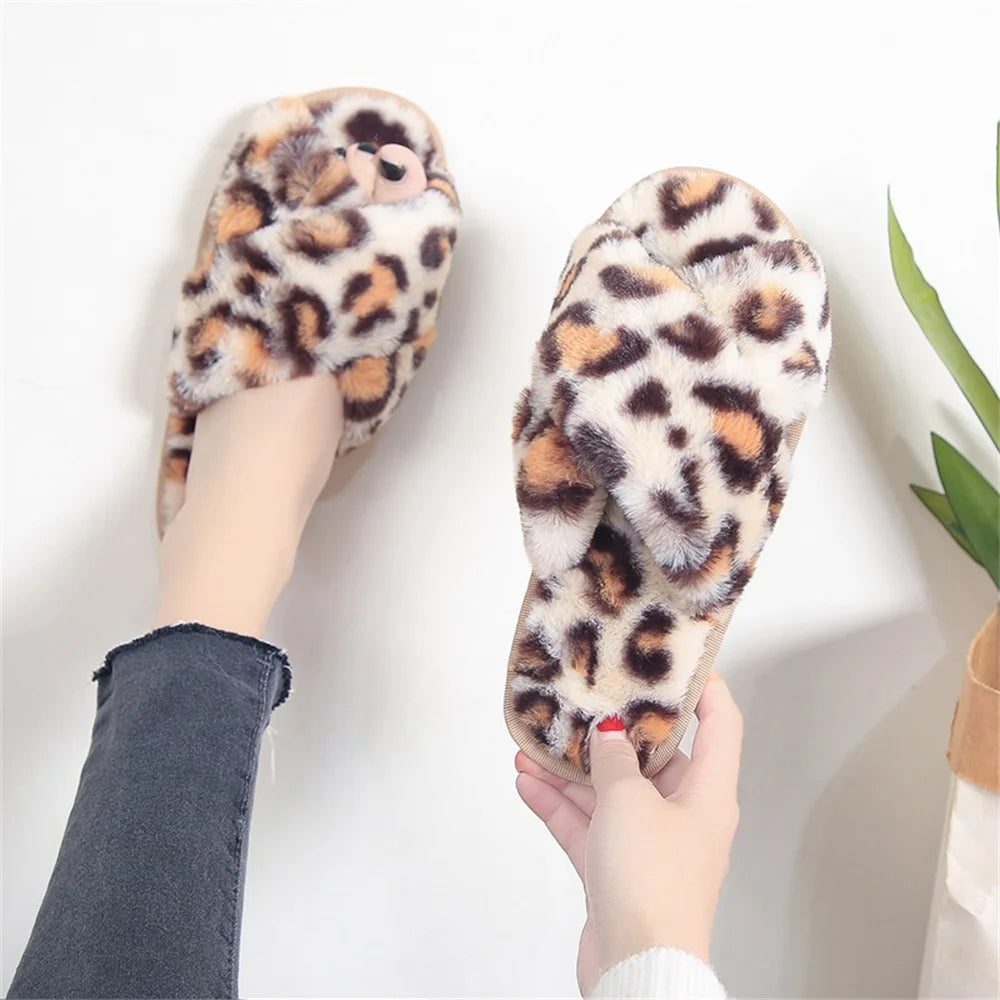 Leopard Open-Toe Faux-Fur House Slippers