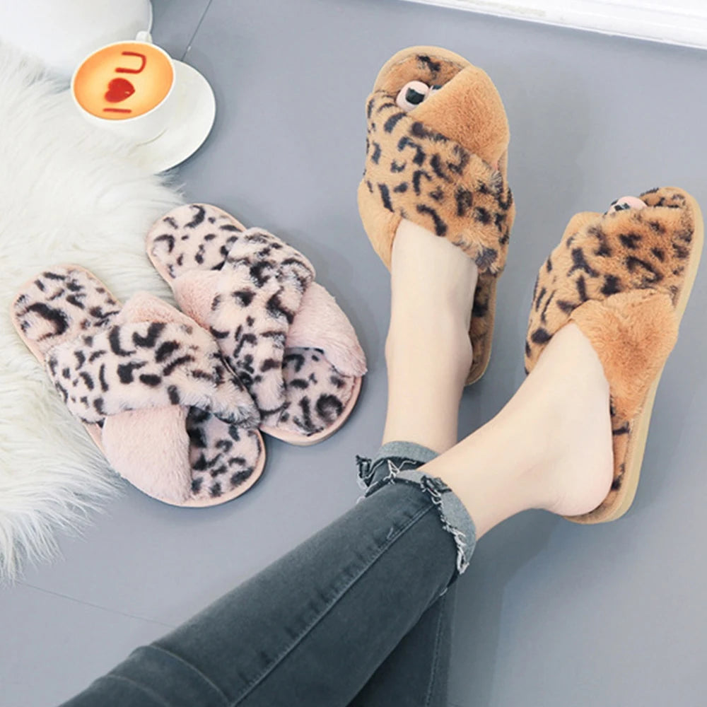 Leopard Open-Toe Faux-Fur House Slippers