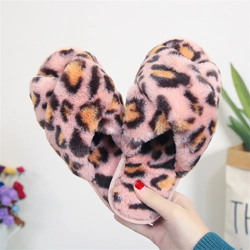 Leopard Open-Toe Faux-Fur House Slippers