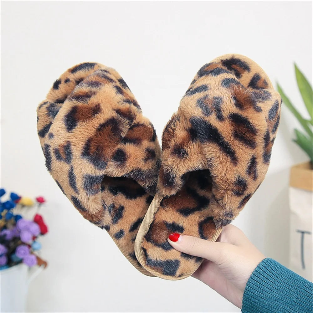 Leopard Open-Toe Faux-Fur House Slippers