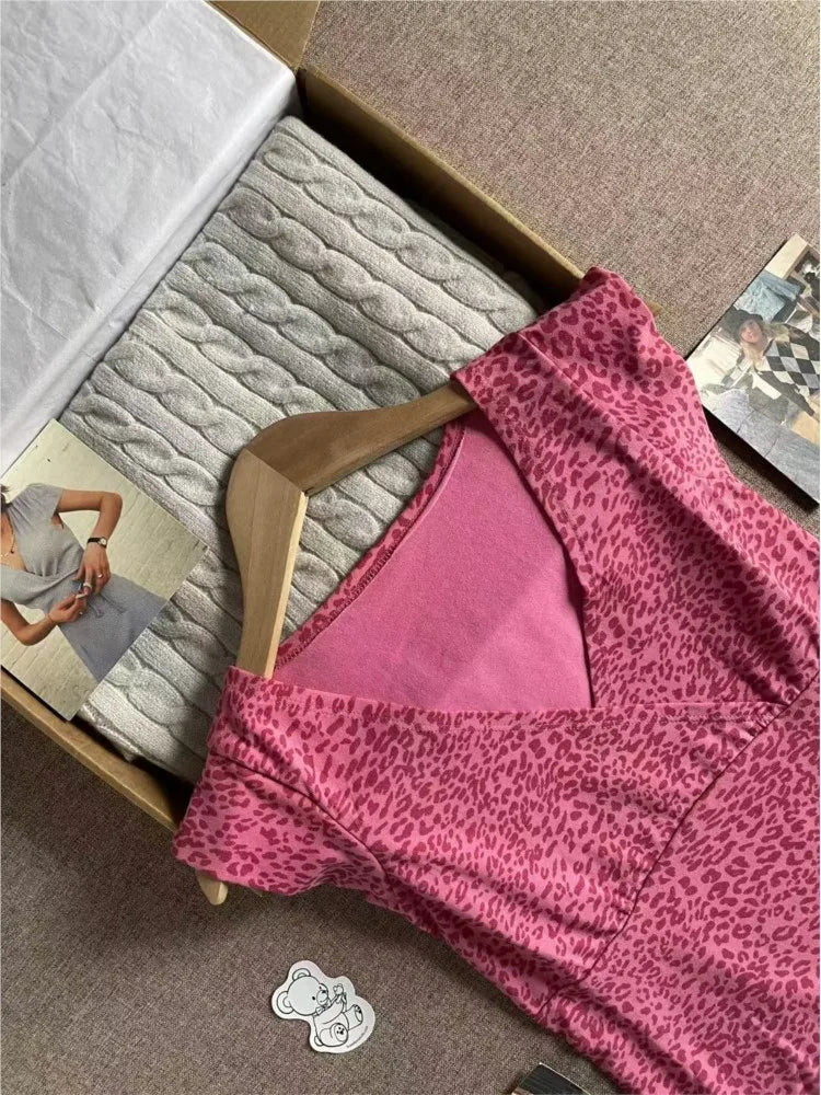 Vintage Leopard Slim Flutter-Sleeve Top
