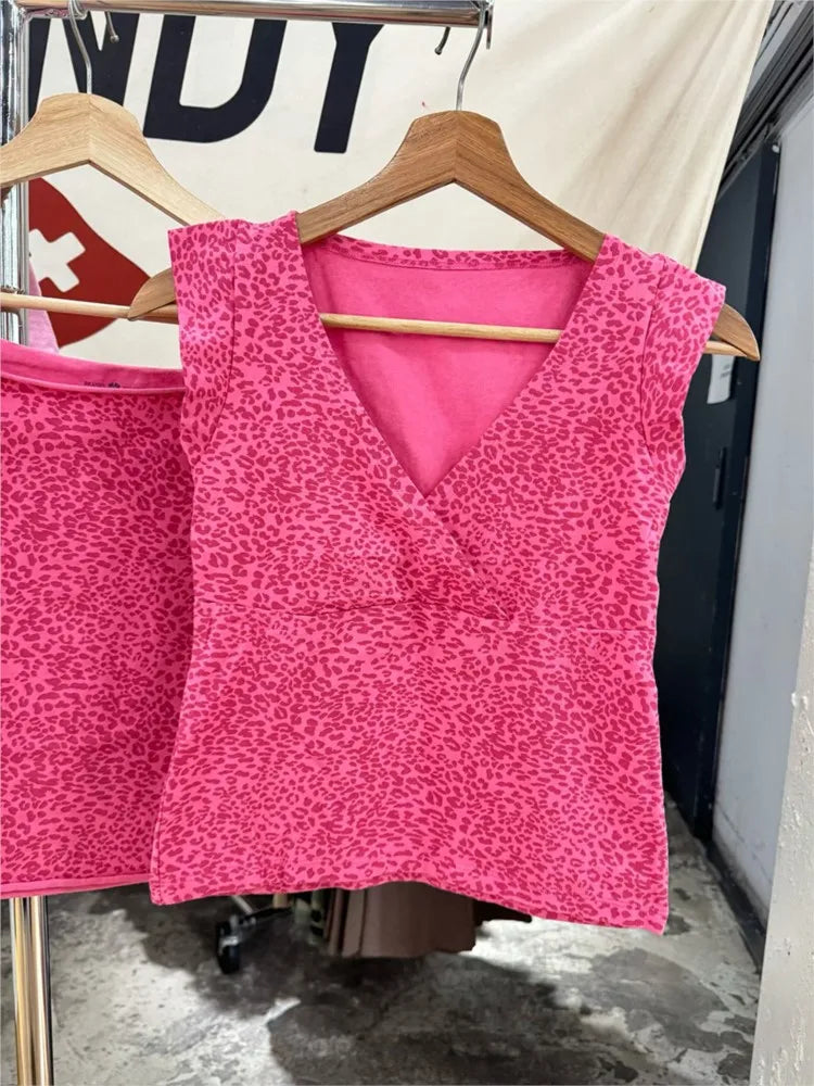 Vintage Leopard Slim Flutter-Sleeve Top