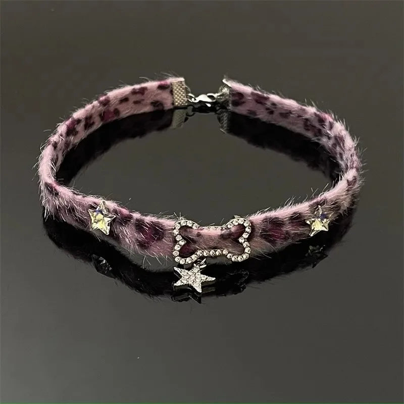 Pink Leopard Plush Star Choker Necklace