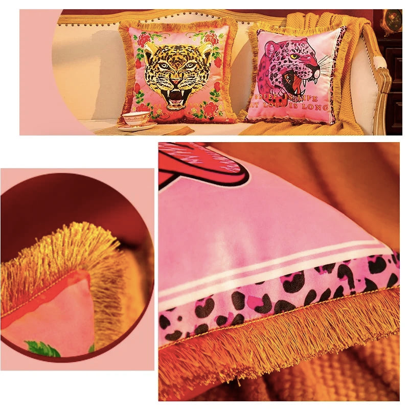 Chic Pink Velvet Leopard Cushion Cover