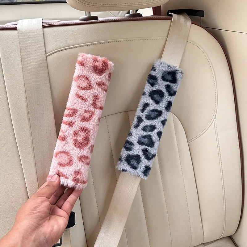 Plush Leopard Print Car Seat Belt