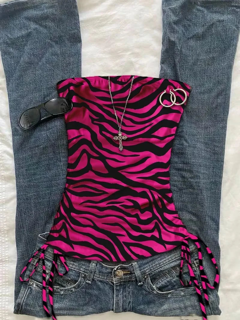 Backless Lace-Up Animal Print Crop Top