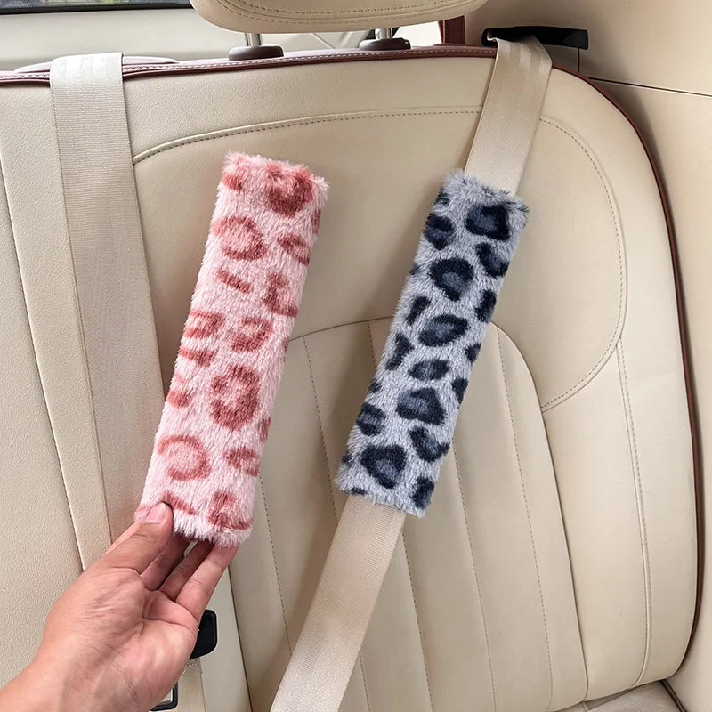 Plush Leopard Print Car Seat Belt