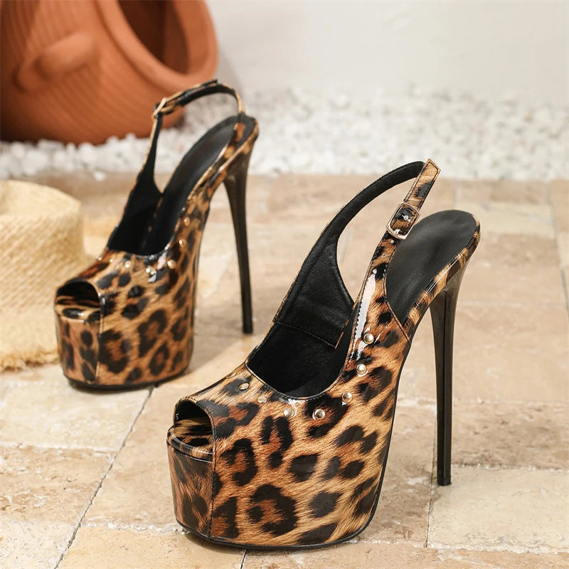 Leopard Print Peep-Toe Platform Stiletto Sandals