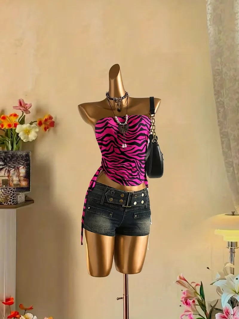 Backless Lace-Up Animal Print Crop Top