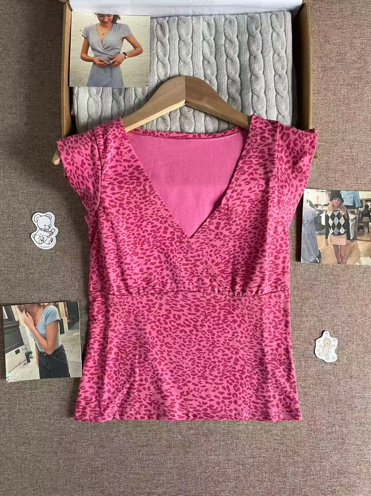 Vintage Leopard Slim Flutter-Sleeve Top