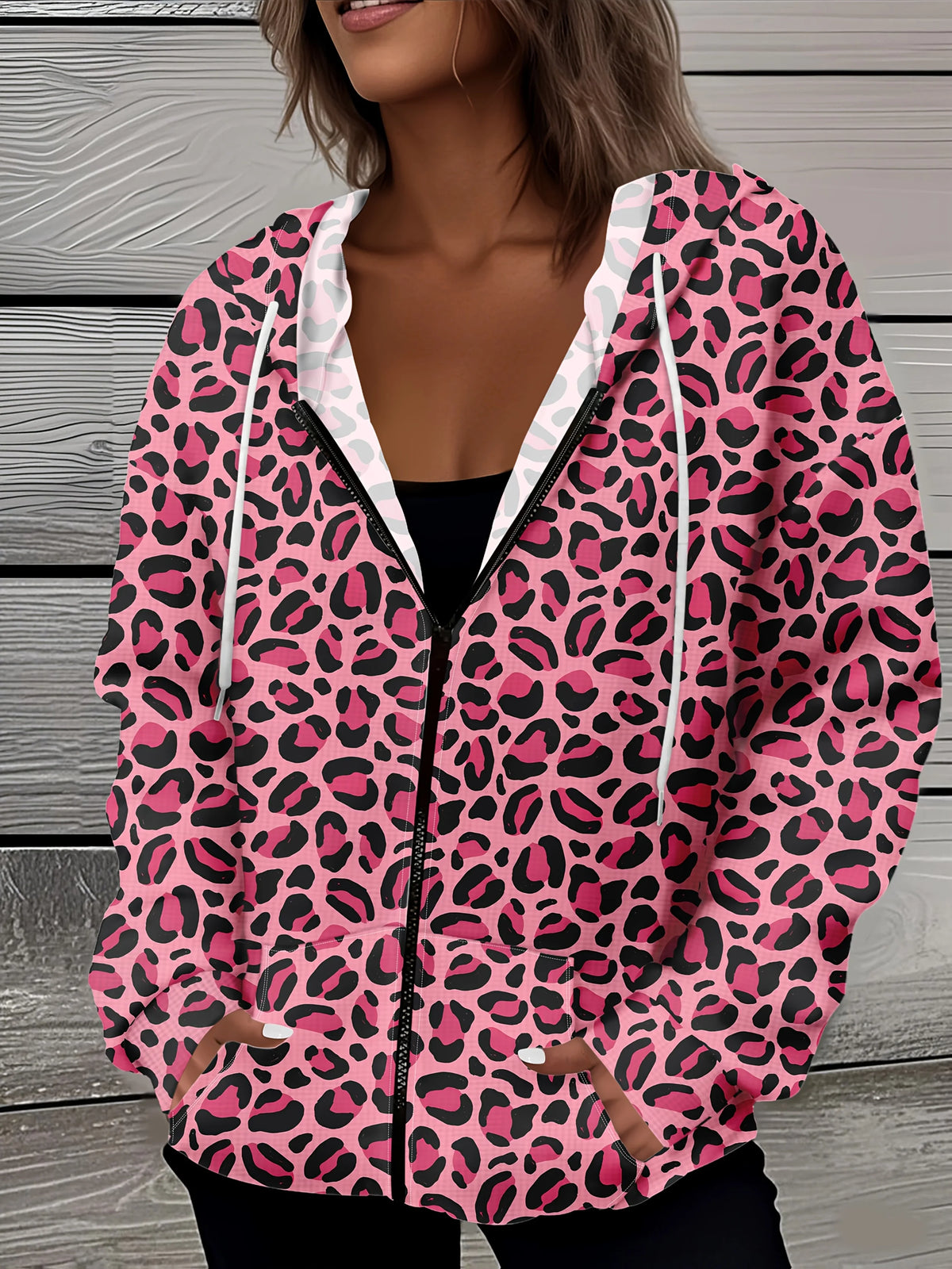Pink Leopard Lightweight Zip-Up Hooded Jacket