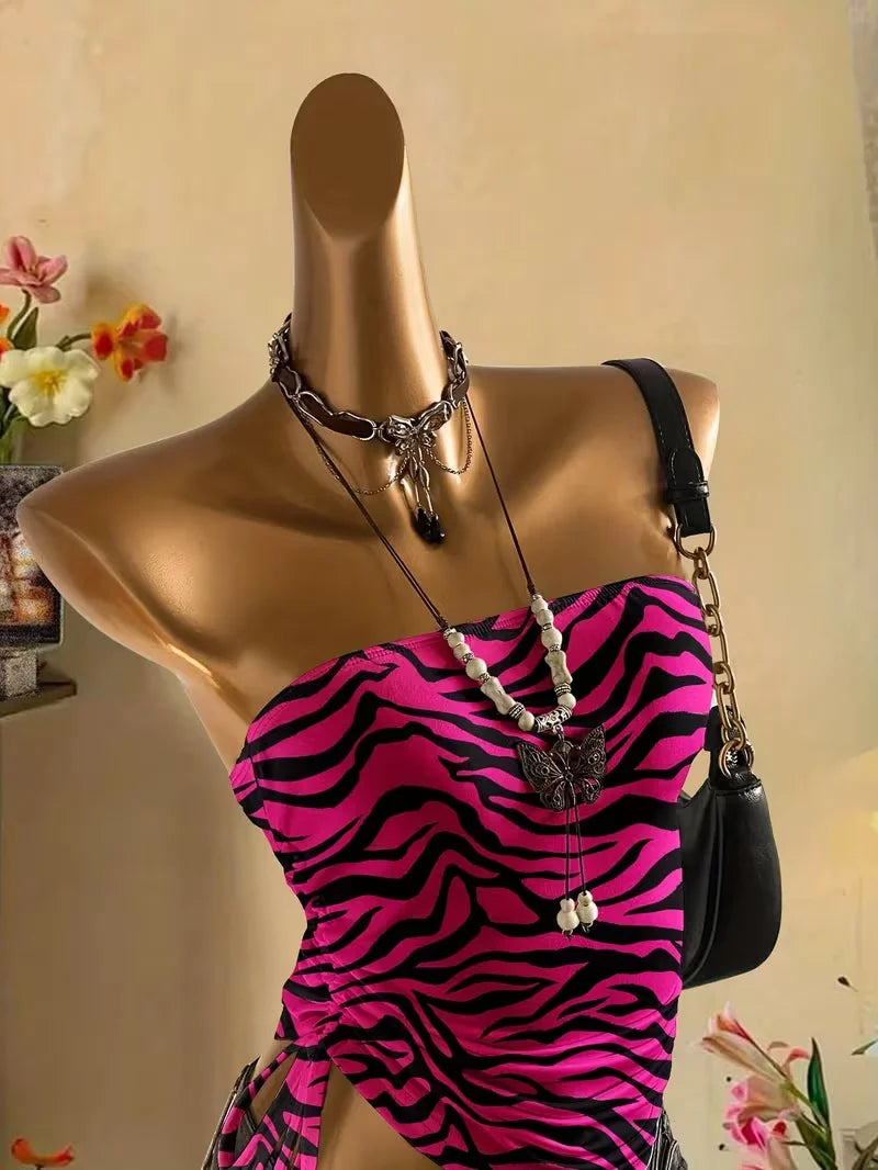 Backless Lace-Up Animal Print Crop Top