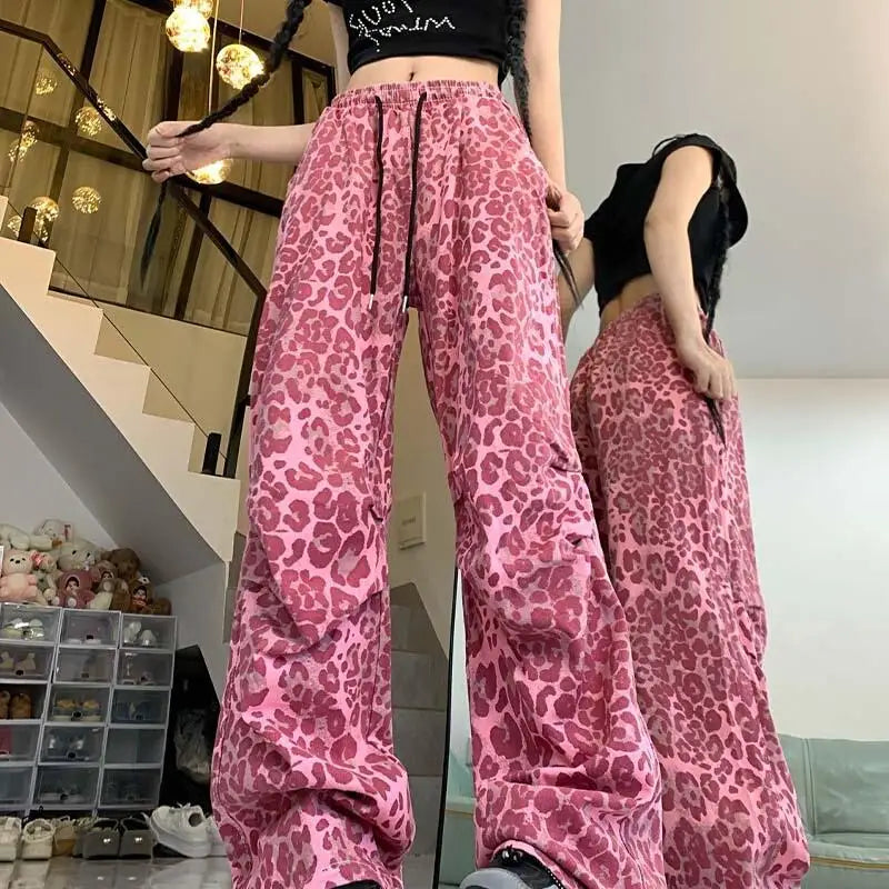 Vintage Leopard Wide-Leg Denim Trousers