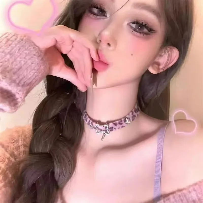 Pink Leopard Plush Star Choker Necklace