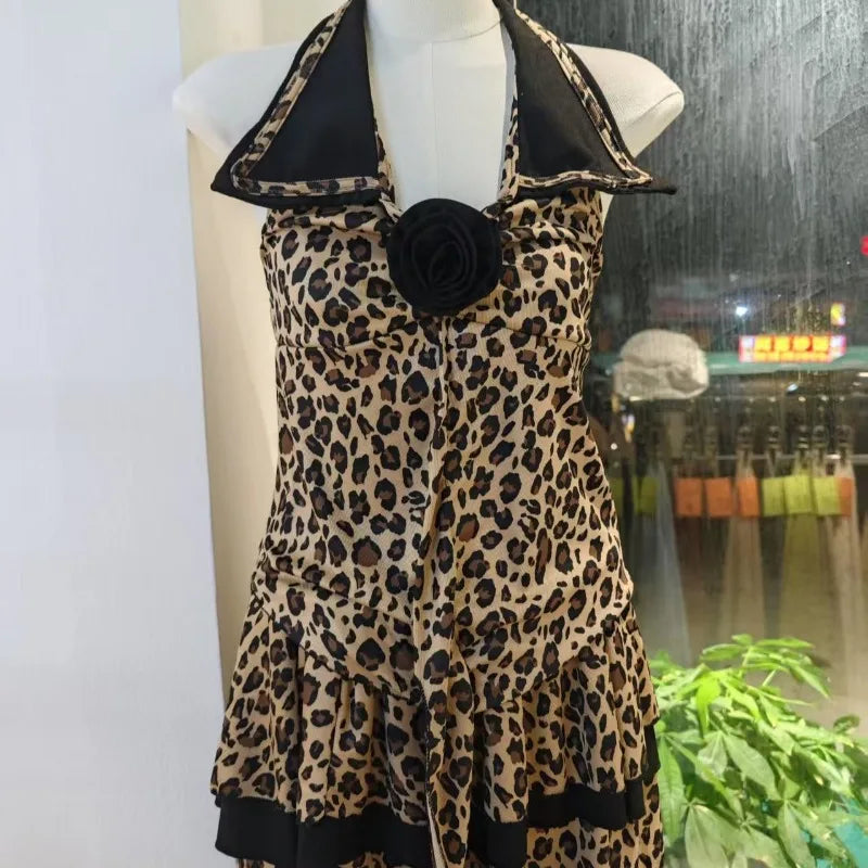 Retro Leopard Suit Collar Halter Backless Vest