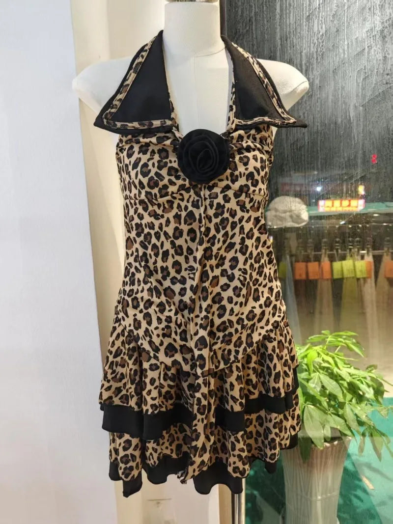 Retro Leopard Suit Collar Halter Backless Vest