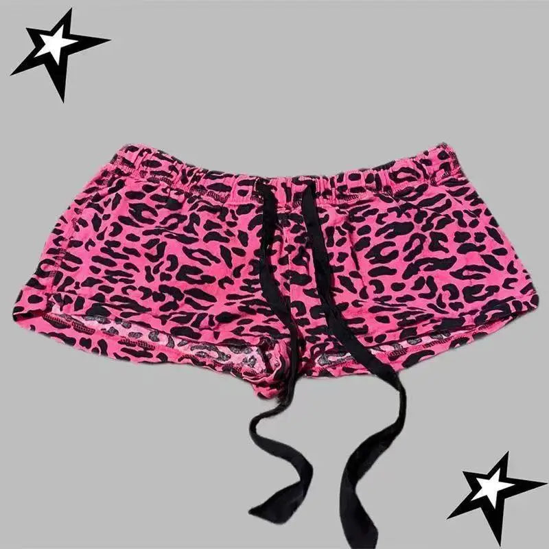 Rose Leopard Low-Waist Drawstring Hot Pants