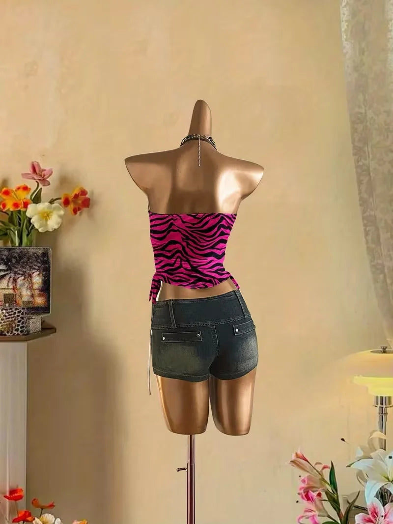 Backless Lace-Up Animal Print Crop Top