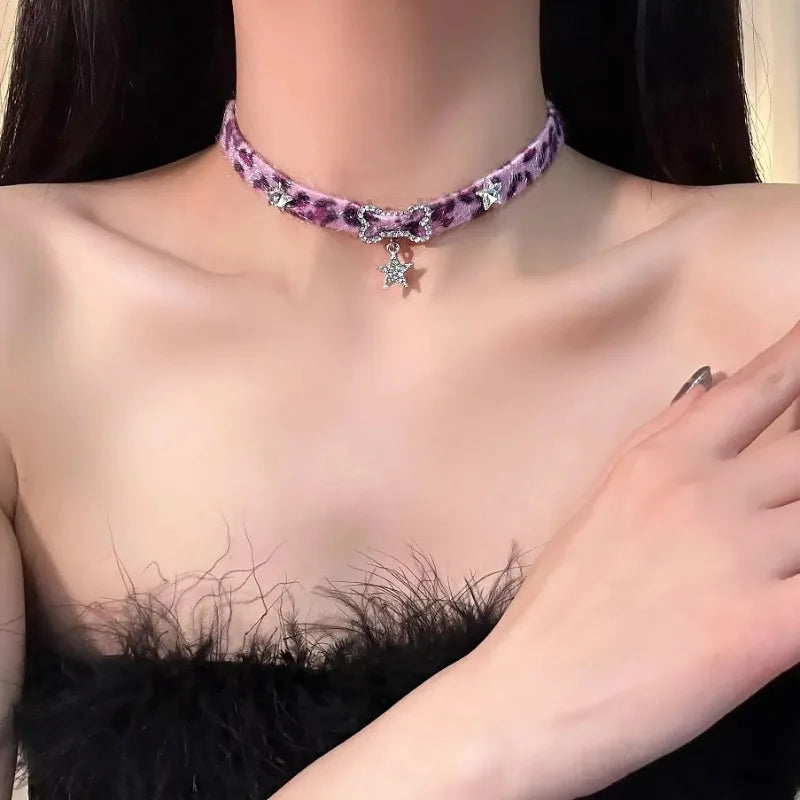 Pink Leopard Plush Star Choker Necklace
