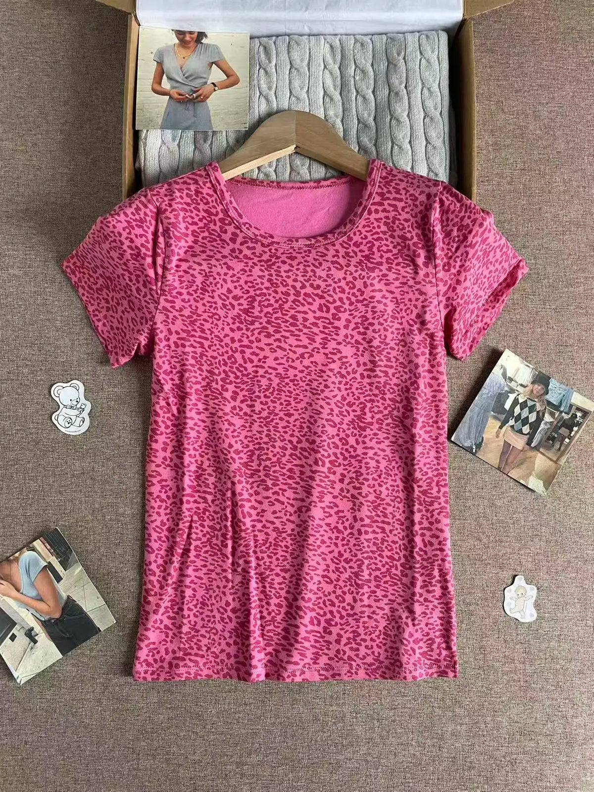 Vintage Leopard Slim Flutter-Sleeve Top