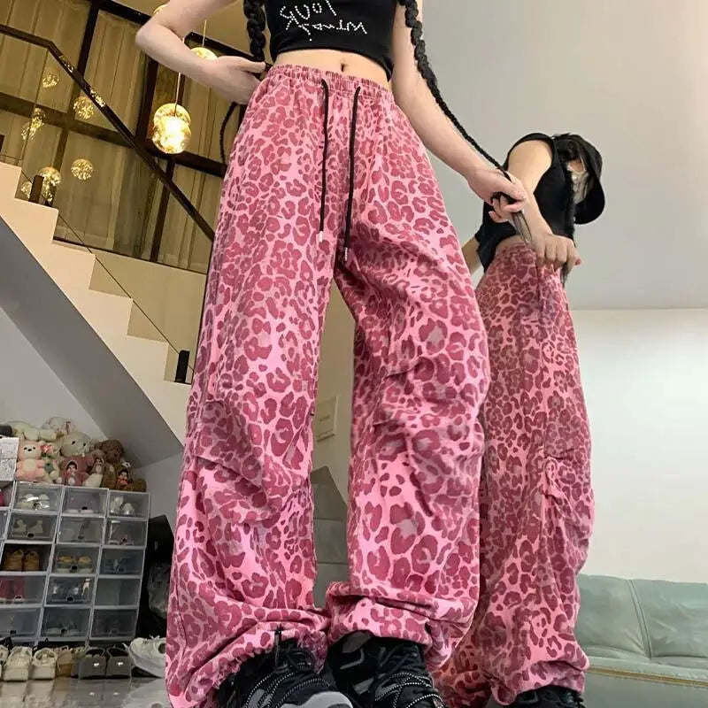 Vintage Leopard Wide-Leg Denim Trousers