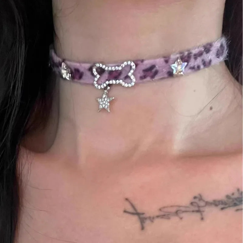Pink Leopard Plush Star Choker Necklace