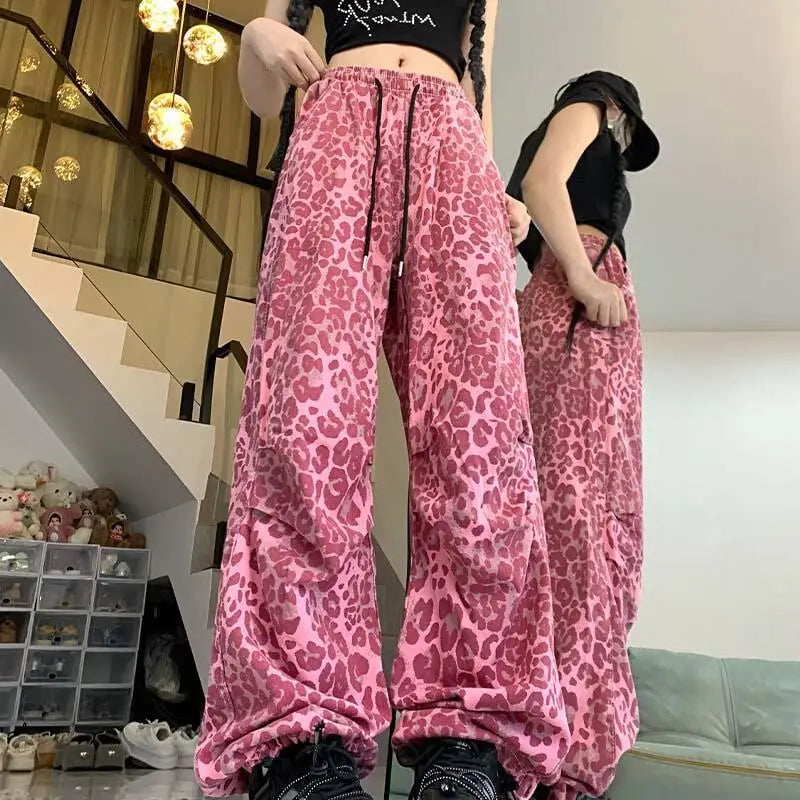 Vintage Leopard Wide-Leg Denim Trousers