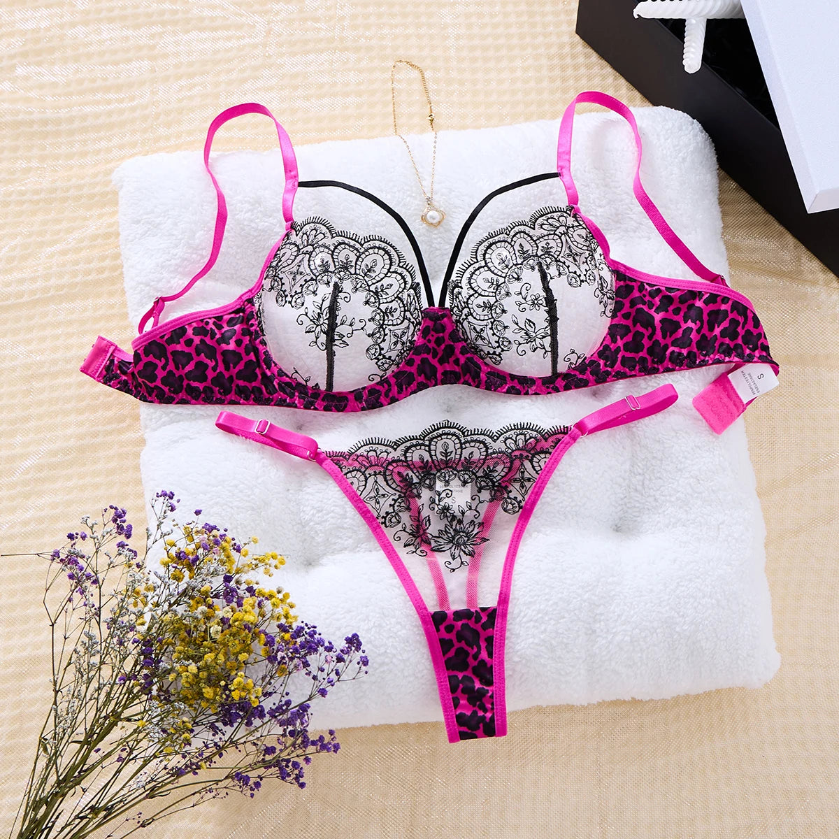 Chiffon Push-Up Demi Bra & Thong Lingerie Set