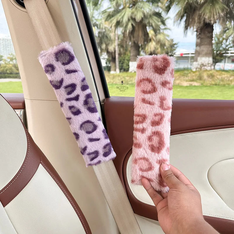 Plush Leopard Print Car Seat Belt