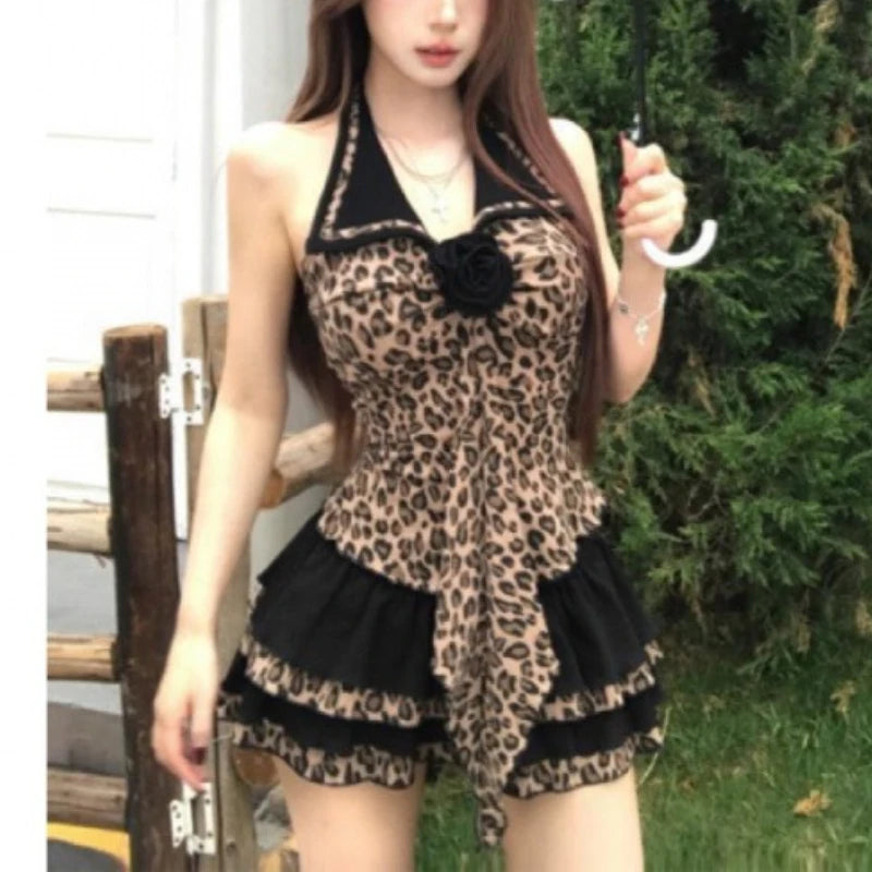 Retro Leopard Suit Collar Halter Backless Vest