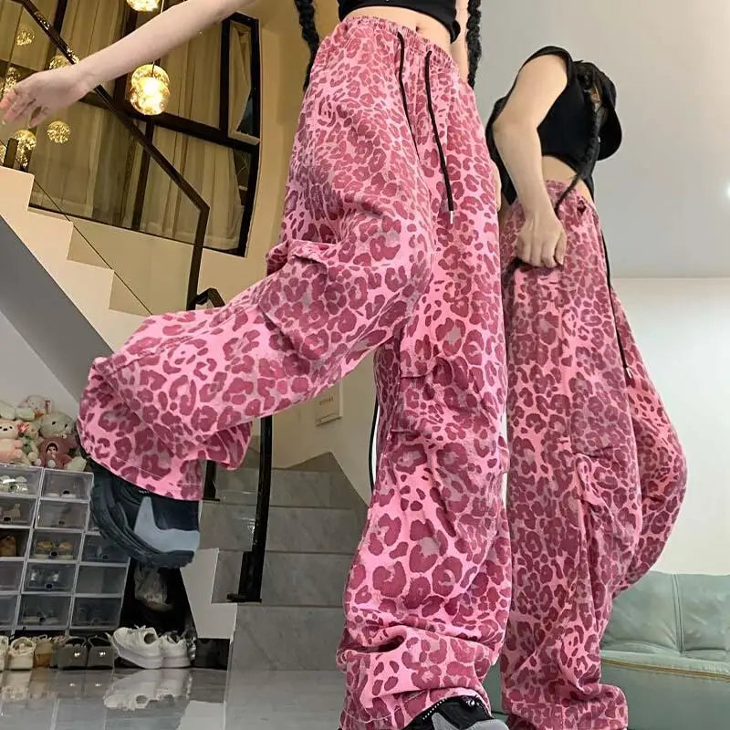 Vintage Leopard Wide-Leg Denim Trousers
