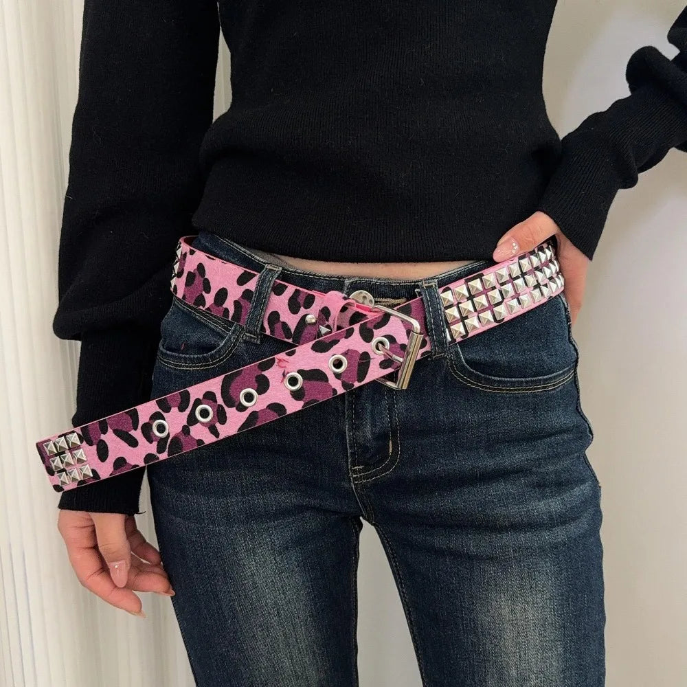 Leopard Print Studded PU Waistband Belt