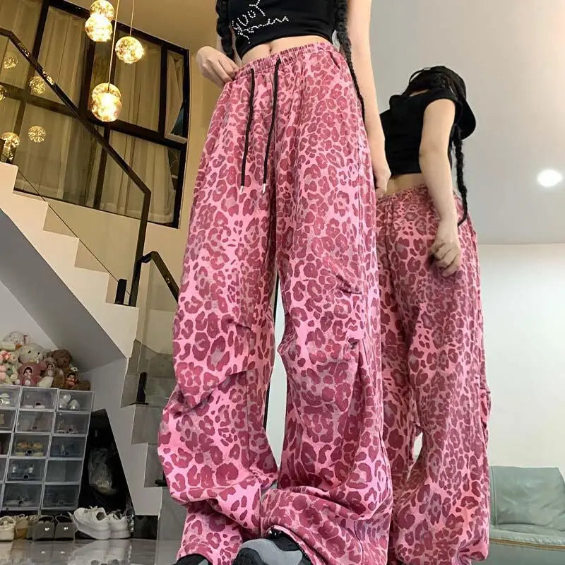 Vintage Leopard Wide-Leg Denim Trousers