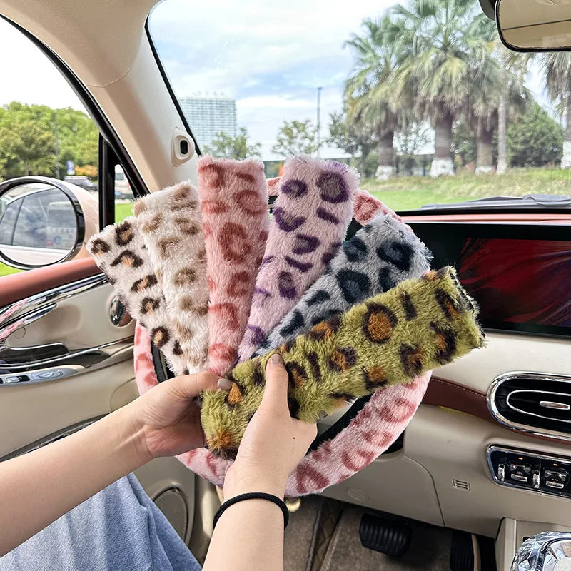Plush Leopard Print Car Seat Belt