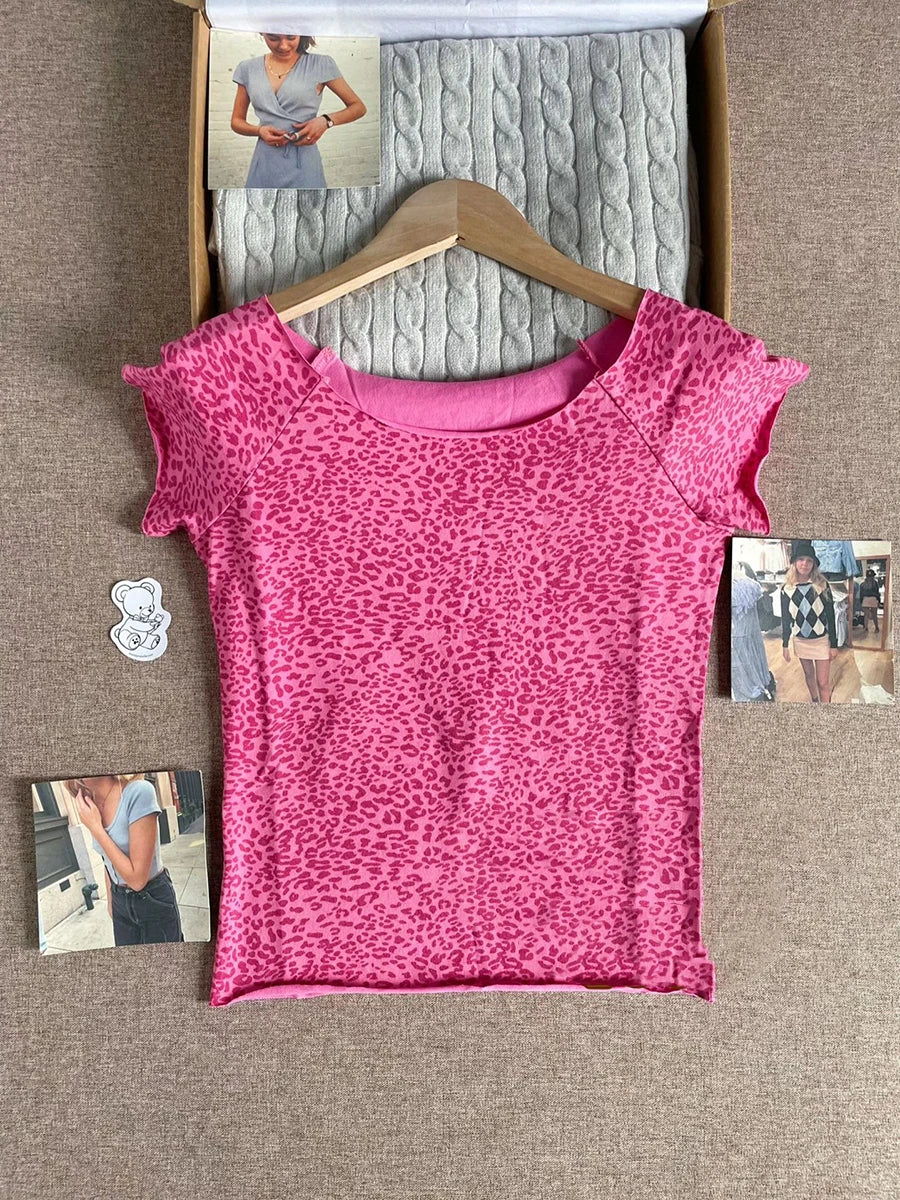 Vintage Leopard Slim Flutter-Sleeve Top