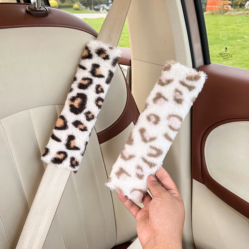 Plush Leopard Print Car Seat Belt
