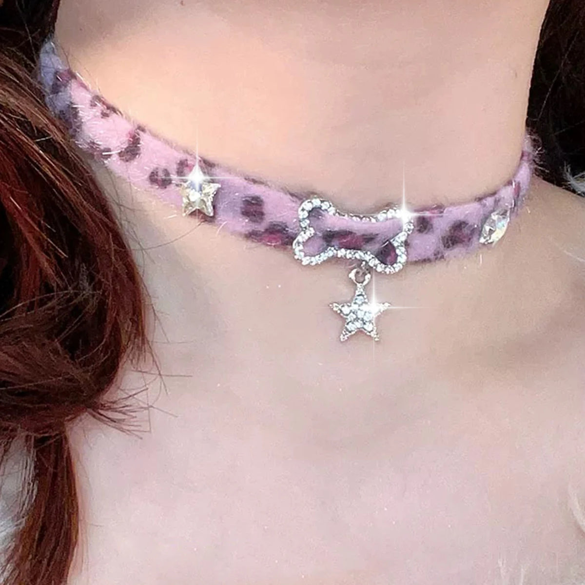 Pink Leopard Plush Star Choker Necklace