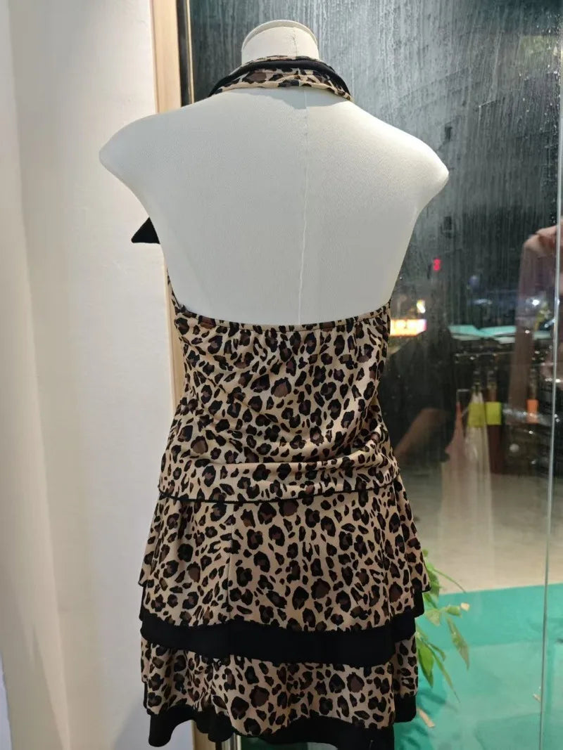 Retro Leopard Suit Collar Halter Backless Vest