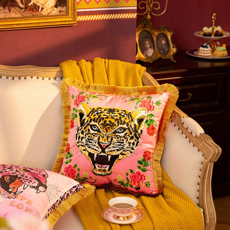 Chic Pink Velvet Leopard Cushion Cover