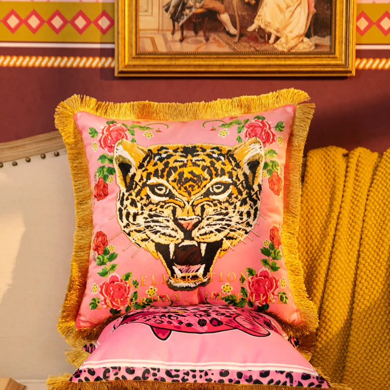 Chic Pink Velvet Leopard Cushion Cover
