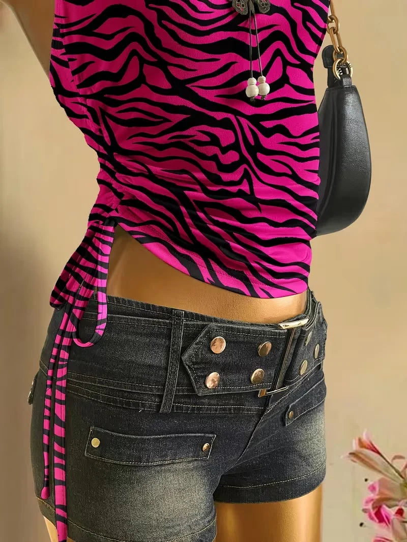 Backless Lace-Up Animal Print Crop Top